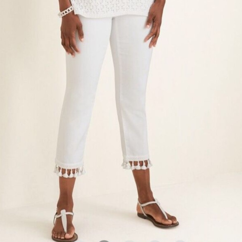 Chico’s So Slimming Girlfriend slim leg crop tassel jeans